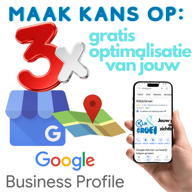 kans op gratis GBP optimalisatie Drie keer gratis optimalisatie voor Google Business Profile met smartphone en plattegrond.