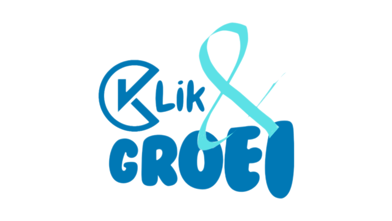 logo Klik&Groei Logo met de tekst "Klik & Groei" in blauw en turquoise letters.