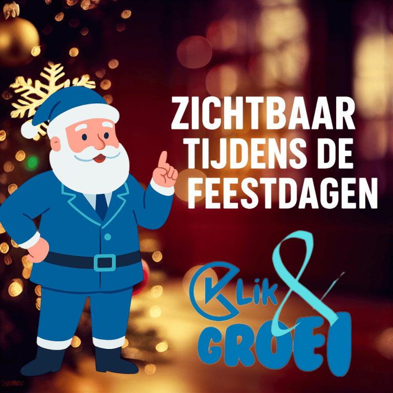 Kerstman in kleuren van Logo Klik&Groei Een vrolijke kerstman met de tekst "Zichtbaar tijdens de feestdagen" en een logo.